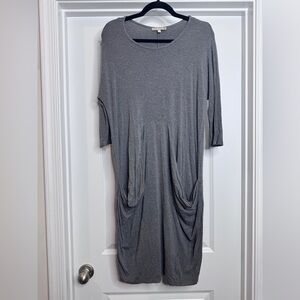 Joan Vass Pullover Long Sleeve Gray Sheath Dress W/Faux Pockets